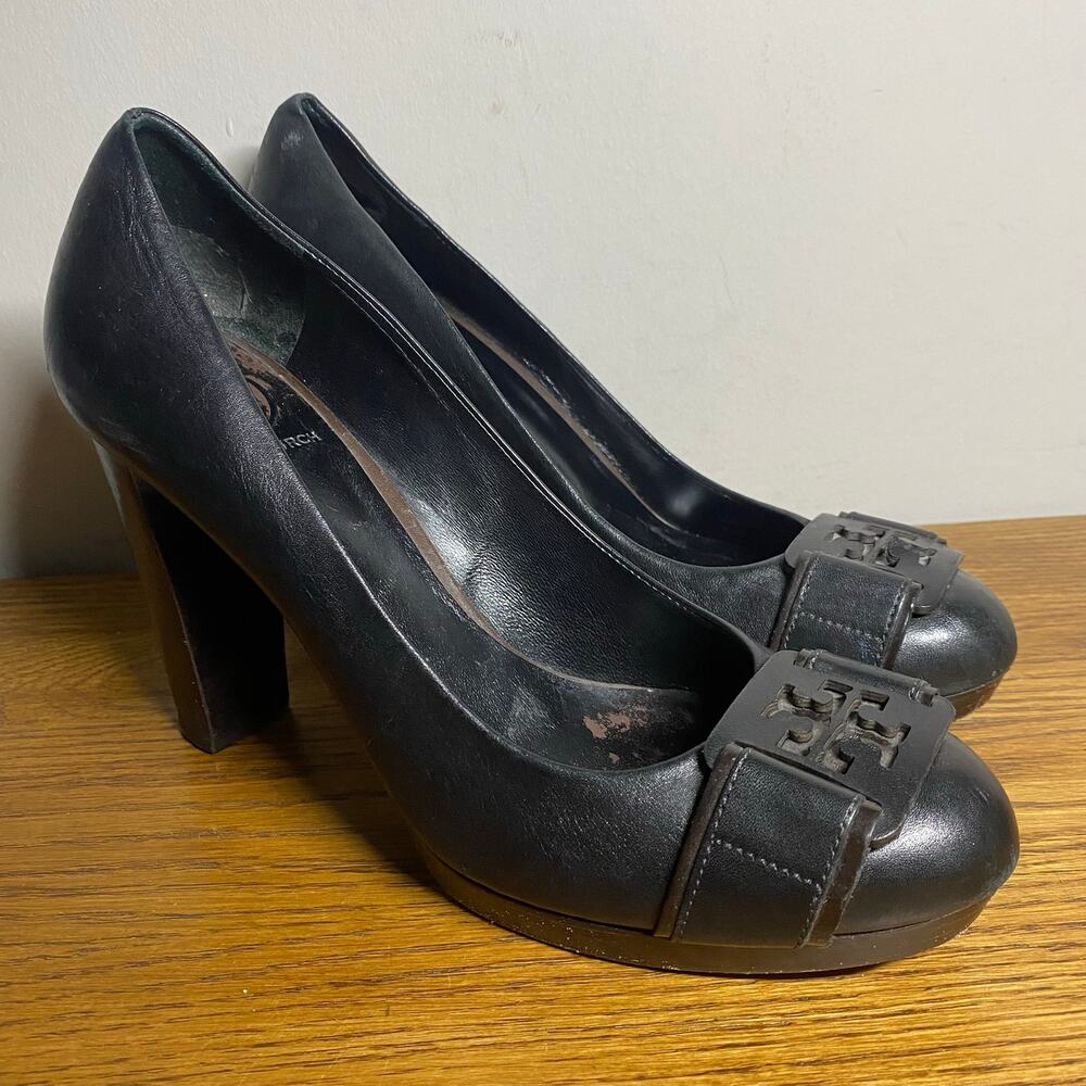 Tory Burch Women’s 7.5M Black Leather Block High Heel Pumps Big Logo Round Toe